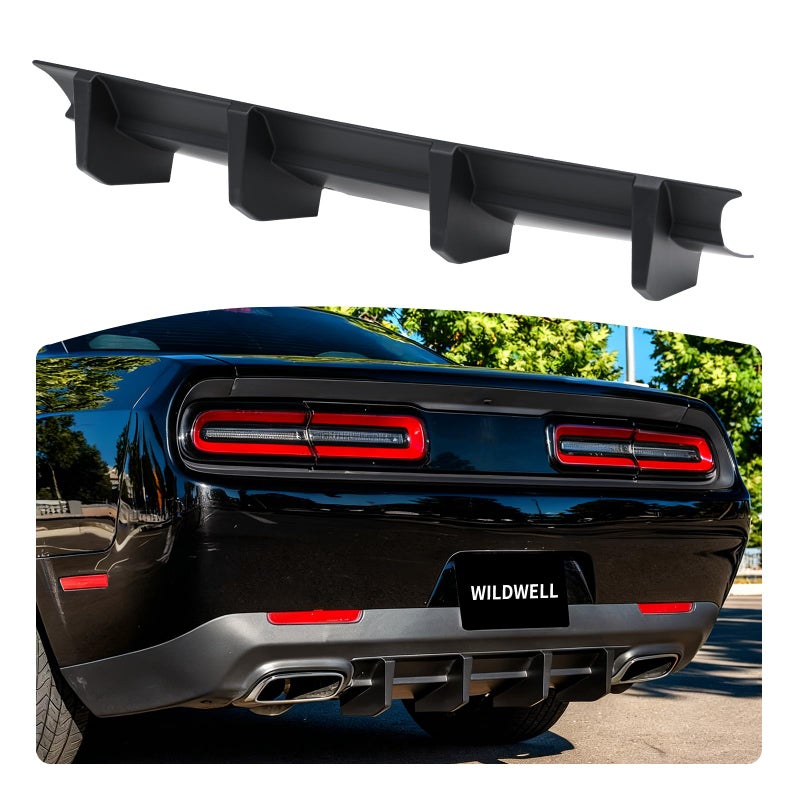 WildWell Rear Bumper Diffuser for 20152024 Dodge Challenger GT SXT SXT Plus Only Challenger Rear Diffuser Lip Splitter AddOn with Shark Fins Style Matte Black